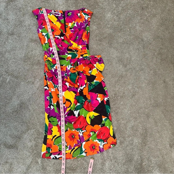 Vintage 80s/90s 100% Silk A.J. Bari Multicolor Floral Bow Ruched Mini Dress Sz 2 - Picture 10 of 11